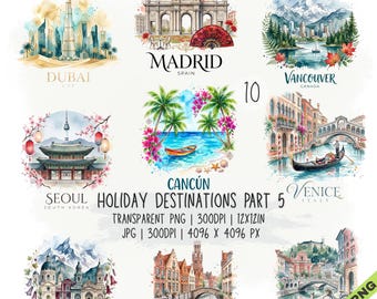 Puede incluir: Una colección digital de diez ilustraciones en acuarela que representan destinos de viaje globales incluyendo Dubái, Madrid, Vancouver, Seúl, Cancún, Venecia, Santiago, Brujas y Liubliana, con el texto Holiday Destinations Part 5.