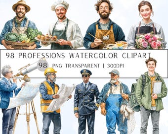 98 Professions Watercolor Clipart Mega Bundle | Realistic People Occupation PNG Transparent Background