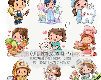 Puede incluir: Una colección de nueve personajes de dibujos animados que representan diversas profesiones, incluyendo un constructor, limpiador, dentista, chef, bombero, científico y jardinero, con el texto CUTE PROFESSION CLIPART, 67 y especificaciones técnicas.