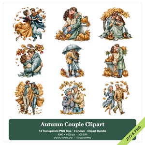 Peut inclure: Une collection numérique de neuf illustrations représentant des couples dans des décors d'automne, avec des citrouilles, des feuilles mortes, des parapluies et des vêtements chauds. Le texte indique Autumn Couple Clipart, 14 Transparent PNG files, 9 shown, Clipart Bundle, 4000 x 4000 px, 300 DPI, DIGITAL DOWNLOAD, Transparent PNG.