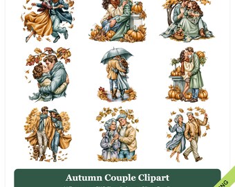 Puede incluir: Una colección digital de nueve ilustraciones que muestran parejas en entornos otoñales, incluyendo escenas con calabazas, hojas caídas, paraguas y ropa de abrigo. El texto dice Autumn Couple Clipart, 14 Transparent PNG files, 9 shown, Clipart Bundle, 4000 x 4000 px, 300 DPI, DIGITAL DOWNLOAD, Transparent PNG.