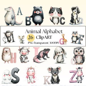 26 Animal Alphabet Clipart - Cute Watercolor ABC Animal Letters for Kids, Nursery, Learning| PNG Transparent Background