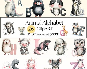 26 Animal Alphabet Clipart – Watercolor Letters, Nursery Learning (Transparent PNG)