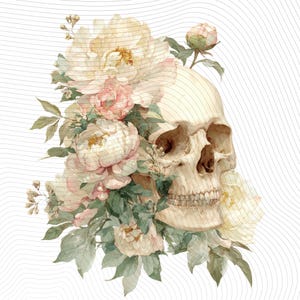 May include: Watercolor illustration of a human skull adorned with delicate, light-colored flowers. The flowers include peonies and roses in shades of cream, pink, and green, creating a contrast with the skull's bone color. The background has a subtle, wavy pattern.