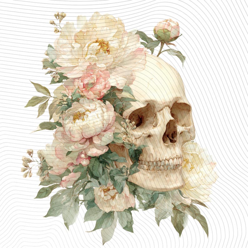 May include: Watercolor illustration of a human skull adorned with delicate, light-colored flowers. The flowers include peonies and roses in shades of cream, pink, and green, creating a contrast with the skull's bone color. The background has a subtle, wavy pattern.