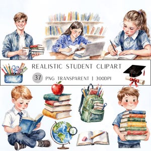 May include: Watercolor clipart set featuring students, books, and school supplies. The image includes illustrations of students studying, a graduation cap, a globe, and the text "Realistic Student Clipart".