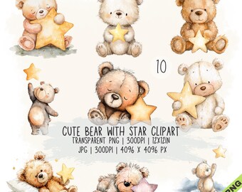 Paquete de 10 imágenes prediseñadas de osos con estrellas en formato JPG y PNG transparente (descarga digital)