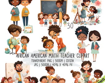 May include: A collection of digital illustrations featuring teachers and students in various classroom and learning settings, including text that reads AFRICAN AMERICAN MATH TEACHER CLIPART, TRANSPARENT PNG, 300DPI, 12X12IN, JPG, 300DPI, 4096 X 4096 PX.