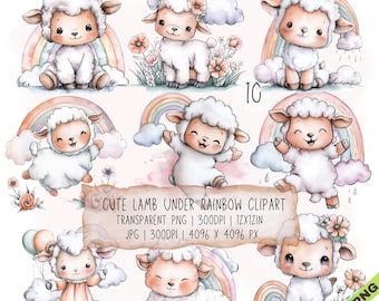 Paquete de 10 imágenes prediseñadas de corderos bajo el arcoíris en formato JPG y PNG transparente (descarga digital)