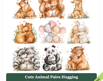 Puede incluir: Una colección digital de nueve ilustraciones en acuarela que muestran parejas de animales abrazándose, incluyendo ciervos, ardillas, jirafas, osos, ratones, conejos, mapaches, pandas y ganado de las tierras altas, con corazones rosas.