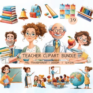 Puede incluir: Una ilustración en acuarela con un paquete de imágenes prediseñadas de profesores. La imagen incluye pilas de libros, una campana escolar, una mochila, una regla, notas adhesivas, lápices de colores y varias figuras de profesores y estudiantes. El texto en la imagen dice "Teacher Clipart Bundle".