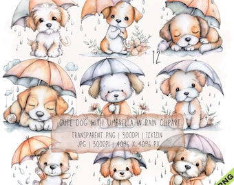 12 imágenes prediseñadas de perros con paraguas bajo la lluvia en formato JPG y PNG transparente (descarga digital)