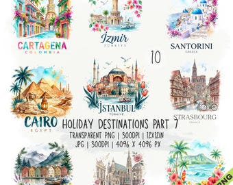Puede incluir: Una colección digital de diez ilustraciones en acuarela que presentan destinos de viaje globales incluyendo Cartagena, Esmirna, Santorini, El Cairo, Estambul, Estrasburgo, Bergen, Viena y Honolulu, con etiquetas de texto y especificaciones.