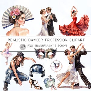 Puede incluir: Conjunto de imágenes prediseñadas de acuarela con ilustraciones de temática de danza. Incluye una mujer con un abanico, parejas bailando, una bailaora de flamenco, una bailarina, un bailarín de hip-hop, una máscara de carnaval, auriculares, tacones altos y una bolsa de baile. Texto: "Realistic Dancer Profession Clipart".