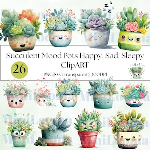Watercolor Succulent Clipart Bundle: Emotional Potted Plants (PNG Transparent 300DPI)