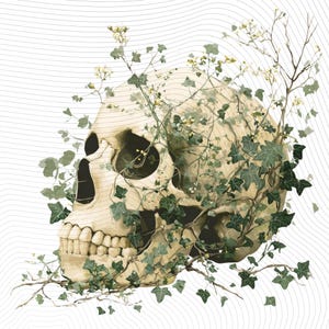 May include: A detailed illustration of a human skull intertwined with green ivy and small white flowers. The skull is rendered in shades of beige and brown, set against a white background with subtle, wavy gray lines.