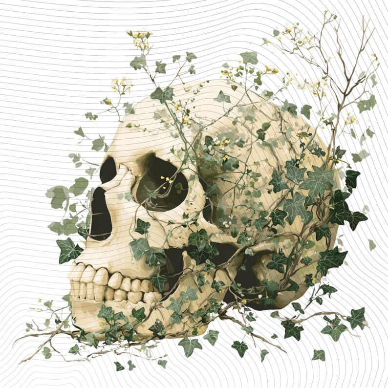 May include: A detailed illustration of a human skull intertwined with green ivy and small white flowers. The skull is rendered in shades of beige and brown, set against a white background with subtle, wavy gray lines.
