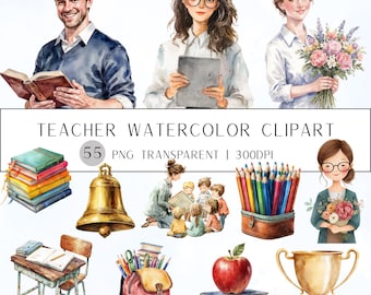 55 Teacher Watercolor Clipart |PNG Set, Transparent Background