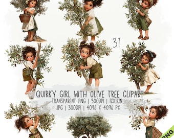 Paquete de 31 imágenes prediseñadas de Chica peculiar con olivo, Chica caprichosa JPG y PNG transparente