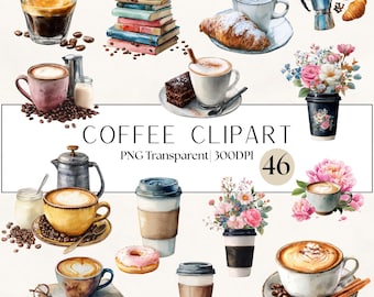 46 Cliparts de Café | Latte, Espresso, Donuts, Livros, Flores | PNG Transparente