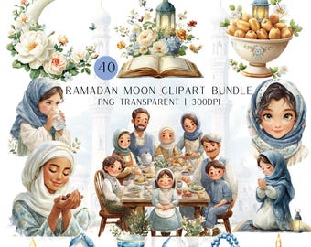 40 Ramadan Moon & Eid Mubarek Clipart Bundle | Watercolor Ramadan Illustrations| Transparent PNG (Digital Download)