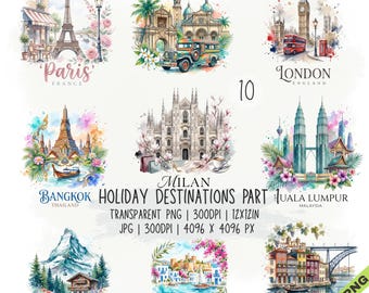 Puede incluir: Una colección digital de 10 ilustraciones en acuarela con monumentos mundiales como París, Manila, Londres, Bangkok, Milán, Kuala Lumpur, Zermatt, Bodrum y Oporto. El texto dice Holiday Destinations Part 10, Transparent PNG, 300DPI, 12x12in, JPG, 300DPI, 4096 x 4096 PX.