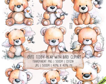 Paquete de 11 imágenes prediseñadas de ositos de peluche con pájaros en formato JPG y PNG transparente (descarga digital)