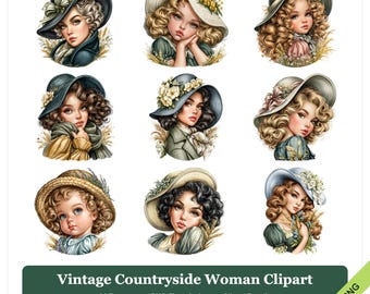Puede incluir: Un paquete de imágenes prediseñadas digitales con nueve ilustraciones de personas con cabello rizado que usan sombreros de ala ancha adornados con flores y trigo. El texto dice: Vintage Countryside Woman Clipart, 21 archivos PNG transparentes, 9 mostrados, Clipart Bundle, 4000 x 4000 px, 300 DPI, DESCARGA DIGITAL, PNG transparente, JPG & PNG.