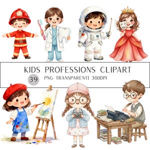 May include: Watercolor clipart featuring children dressed as various professionals, including a firefighter, dentist, astronaut, and artist. The image includes the text "KIDS PROFESSIONS CLIPART" and "39 PNG TRANSPARENTI 300DPI".