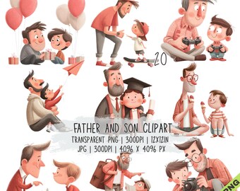 May include: A collection of digital illustrations featuring a father and son in various activities, including playing video games, skateboarding, flying a paper airplane, graduating, eating ice cream, playing chess, and taking photos, with text FATHER AND SON CLIPART.