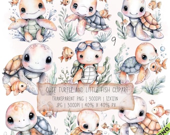 9 imágenes prediseñadas de tortugas y peces pequeños, amigos del océano en formato JPG y PNG transparente (descarga digital)