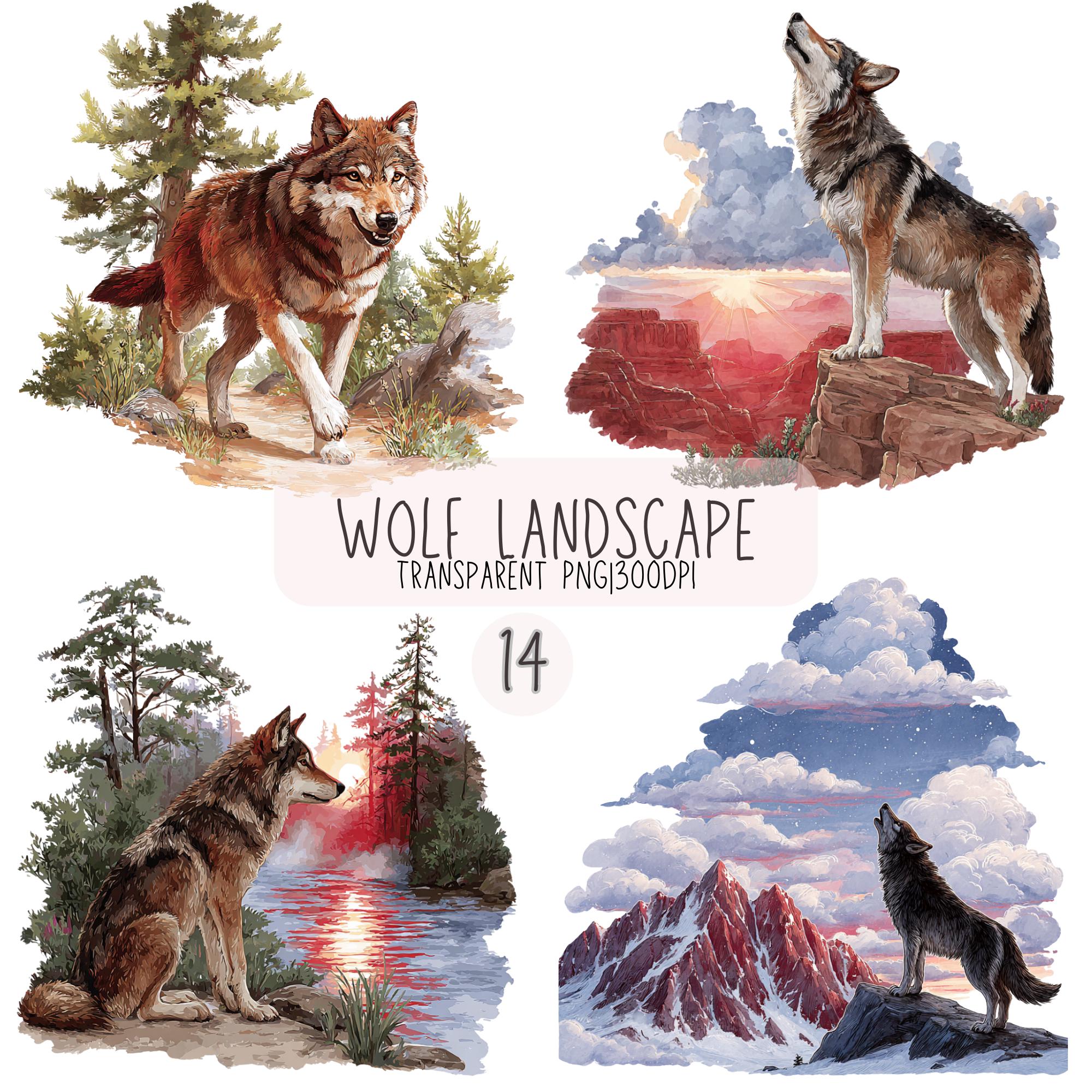 14 Wolf Landscape Clipart | Vibrant Watercolor Mountain, Glowing Forest ...
