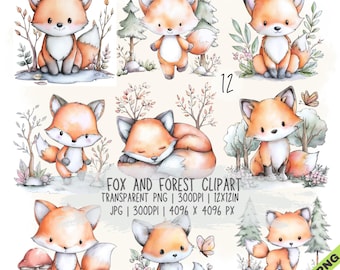 Paquete de 12 imágenes prediseñadas de zorros en el bosque, animales del bosque en formato JPG y PNG transparente (descarga digital)