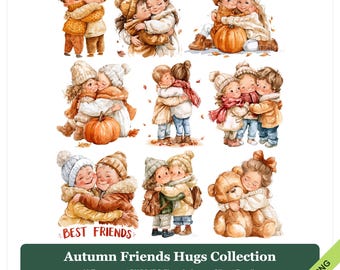 Puede incluir: Una colección de imágenes prediseñadas digitales con ilustraciones en acuarela de niños con ropa de otoño abrazándose, con calabazas y un oso de peluche. El texto dice Autumn Friends Hugs Collection, 10 Transparent PNG&JPG files, 9 shown, Clipart Bundle.