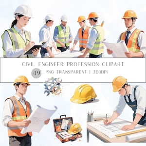 Op de afbeelding: Waterverf clipart met civiel ingenieurs in verschillende poses. De afbeelding toont personen met helmen en veiligheidsvesten, die werken aan blauwdrukken en aantekeningen maken. De tekst luidt "Civil Engineer Profession Clipart".