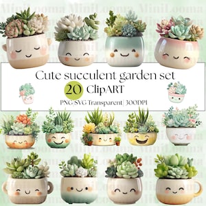 May include: A set of 20 cute succulent garden clipart images. The images show various succulents in smiling pots with different colours and shapes. Text on the image reads "Cute succulent garden set 20 clipart PNG SVG Transparent 300DPI."