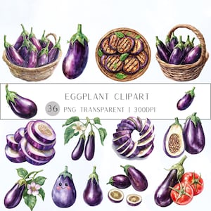 May include: Watercolor illustrations of eggplants in various forms. Includes whole eggplants, sliced eggplants, grilled eggplant slices, and eggplants in baskets. The text "EGGPLANT CLIPART" is displayed.