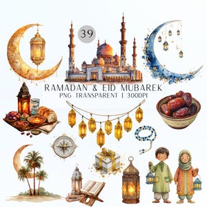 39 Ramadan & Eid Mubarek Clipart Bundle / PNG trasparenti (download digitale)
