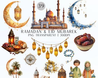39 Ramadan & Eid Mubarek Clipart Bundle | Transparent PNG (Digital Download)