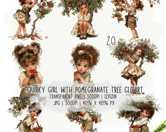 20 imágenes prediseñadas de una chica peculiar con un árbol de granada, imágenes JPG y PNG transparentes de una chica caprichosa.