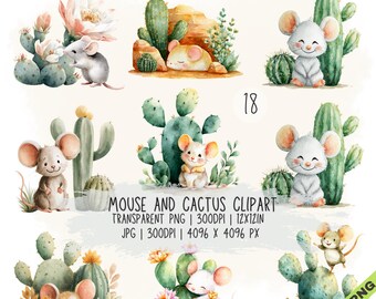 Paquete de 18 imágenes prediseñadas de ratones y cactus en formato JPG y PNG transparente (descarga digital)