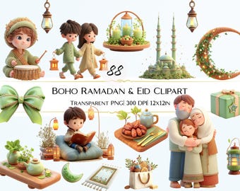 88 Boho Ramadan Clipart Bundle, Eid Mubarak PNG Bundle Transparent Background