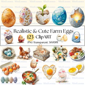 123 Watercolor Egg Clipart Set: Farm, Spring, Easter Designs (Transparent PNG)