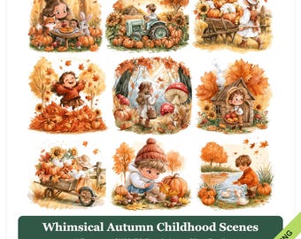 Puede incluir: Una colección digital de nueve ilustraciones en acuarela que muestran niños en entornos otoñales con calabazas, girasoles y follaje. El texto dice Whimsical Autumn Childhood Scenes, 11 Transparent PNG&JPG files, 9 shown, Clipart Bundle, 4000 x 4000 px, 300 DPI, DIGITAL DOWNLOAD, Transparent PNG&JPG.
