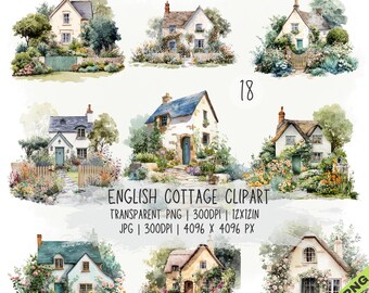 Paquete de 18 imágenes prediseñadas de casas de campo inglesas, estilo cottagecore, en formato JPG y PNG transparente (descarga digital).