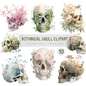 May include: A collection of ten watercolor botanical skull clip art images. Each skull is decorated with flowers and foliage in various colors, including pink, white, and blue. The text "BOTANICAL SKULL CLIPART" is displayed.