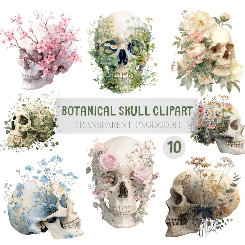 May include: A collection of ten watercolor botanical skull clip art images. Each skull is decorated with flowers and foliage in various colors, including pink, white, and blue. The text "BOTANICAL SKULL CLIPART" is displayed.