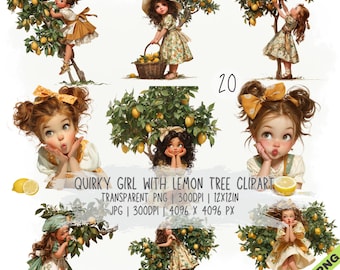 Paquete de 20 imágenes prediseñadas de Chica peculiar con limonero, Chica caprichosa JPG y PNG transparente
