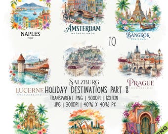 Puede incluir: Una colección digital de ilustraciones en acuarela que presenta destinos vacacionales globales como Nápoles, Ámsterdam, Bangkok, Lucerna, Salzburgo, Praga, Bali, Nairobi y Marrakech, con etiquetas de texto y especificaciones técnicas para archivos.