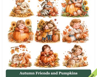 Puede incluir: Un paquete de imágenes digitales titulado Autumn Friends and Pumpkins que presenta nueve ilustraciones de niños y animales del bosque abrazándose entre hojas de otoño, girasoles y calabazas, con detalles sobre formatos de archivo.